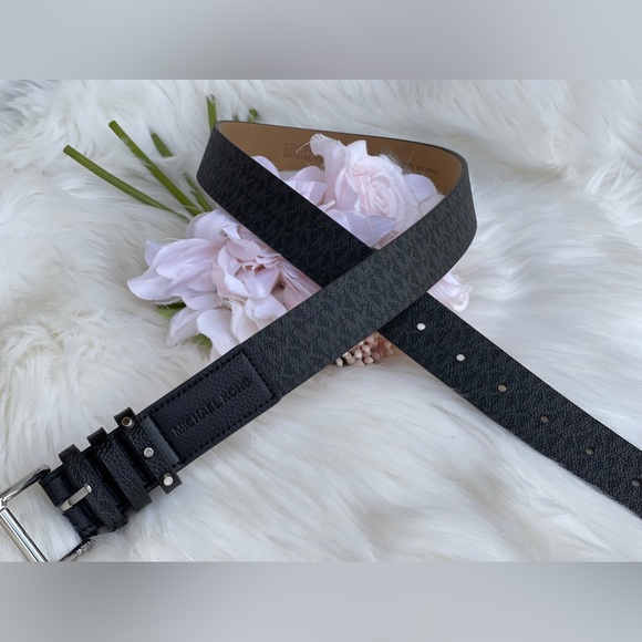 Michael Kors Women's Triple Loop Studded Black Logo Belt - Picture 2 of 14